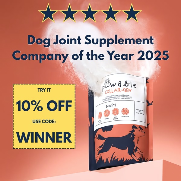 A 1:1 ratio ad featuring a product spotlight with a five-star social proof overlay and a clear discount incentive for pet health supplements.